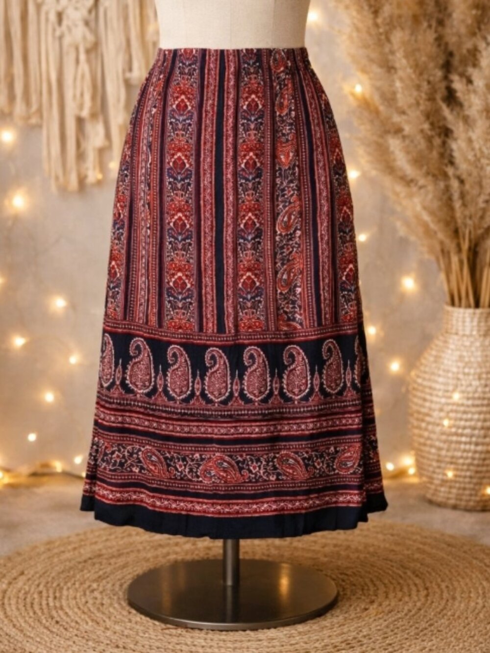Dress Barn Red Paisley Crinkle Pull-On Skirt Plus 1X Boho Festival Cottagecore